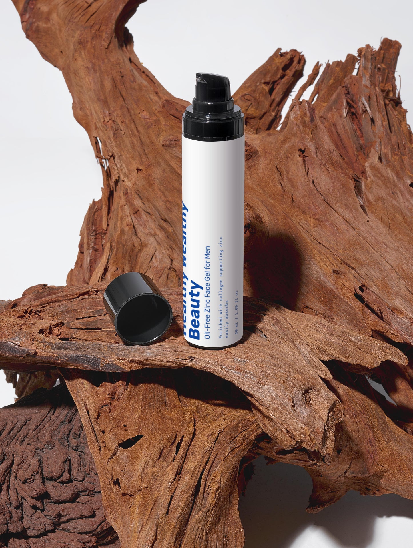 Oil-Free Zinc Face Gel for Men on textured wood background.