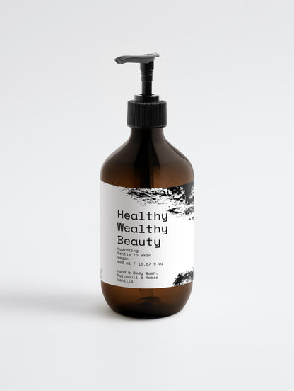 Hand and body wash with patchouli and amber vanilla in brown pump bottle.