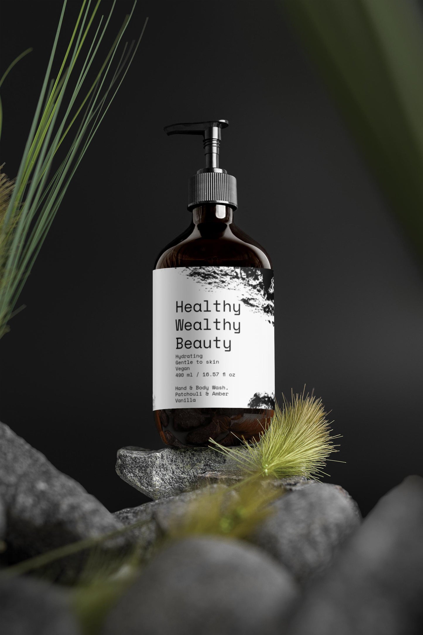 Hand & Body Wash with Patchouli Amber Vanilla scent on stones, ideal for spa use.