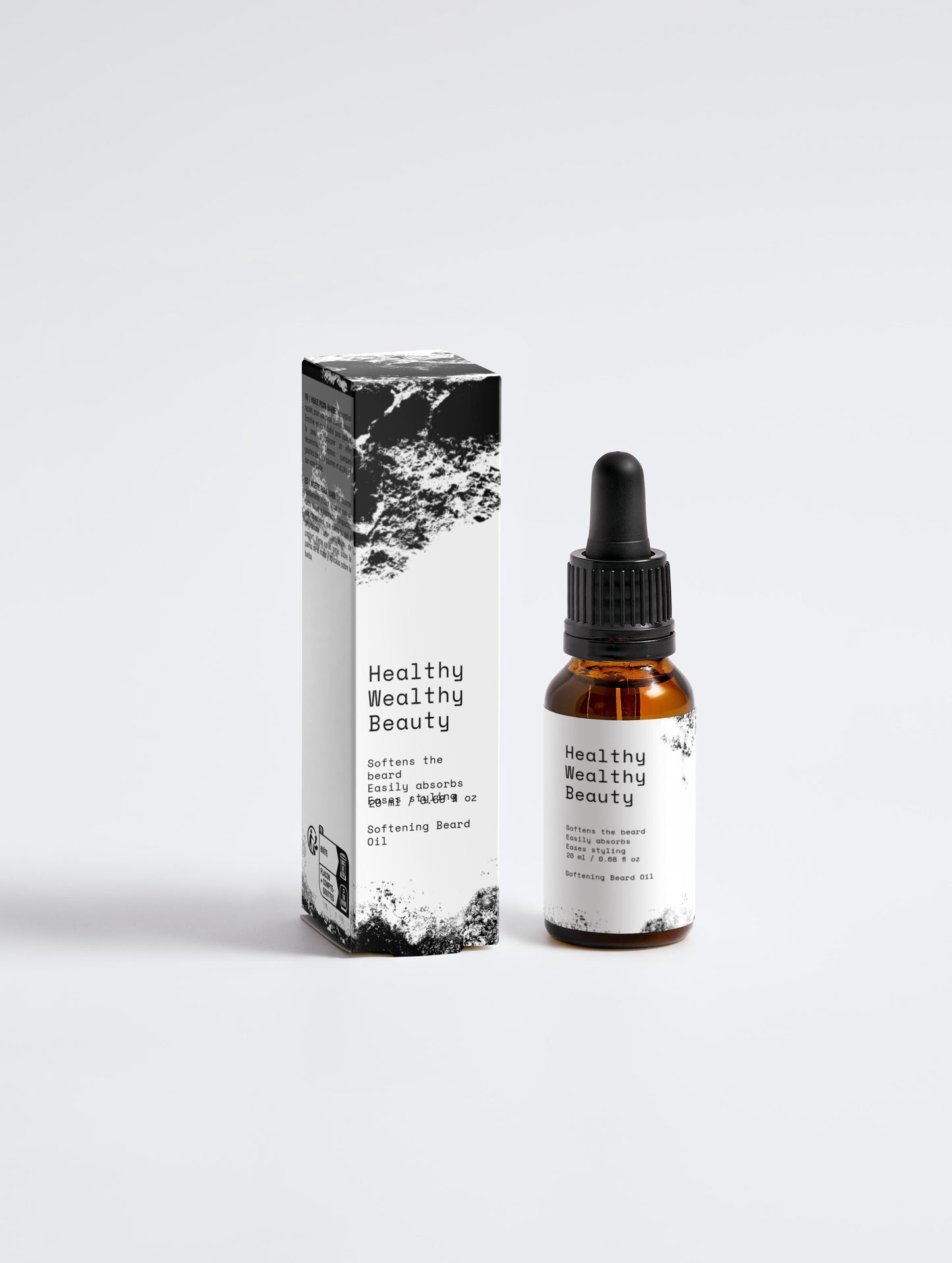 Softening Beard Oil bottle with packaging shown in amber color.